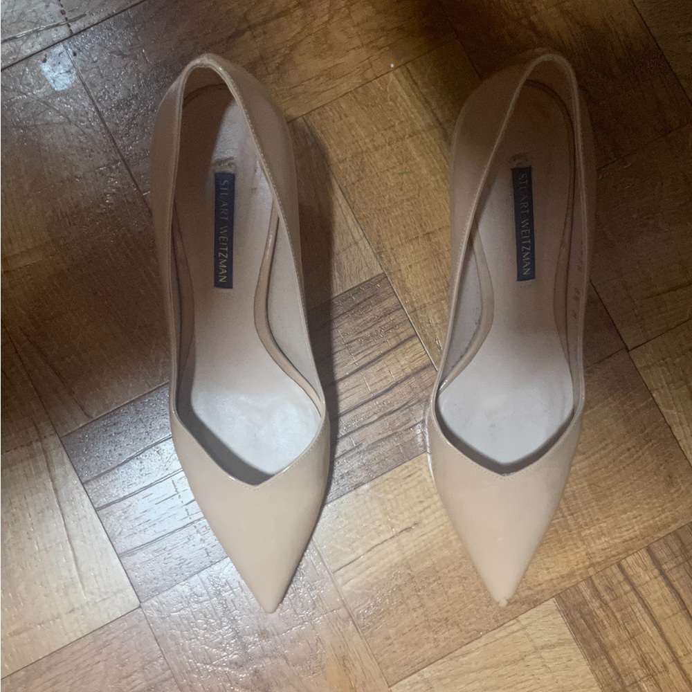 Stuart Weitzman Beige Pointed-Toe Patent Pumps